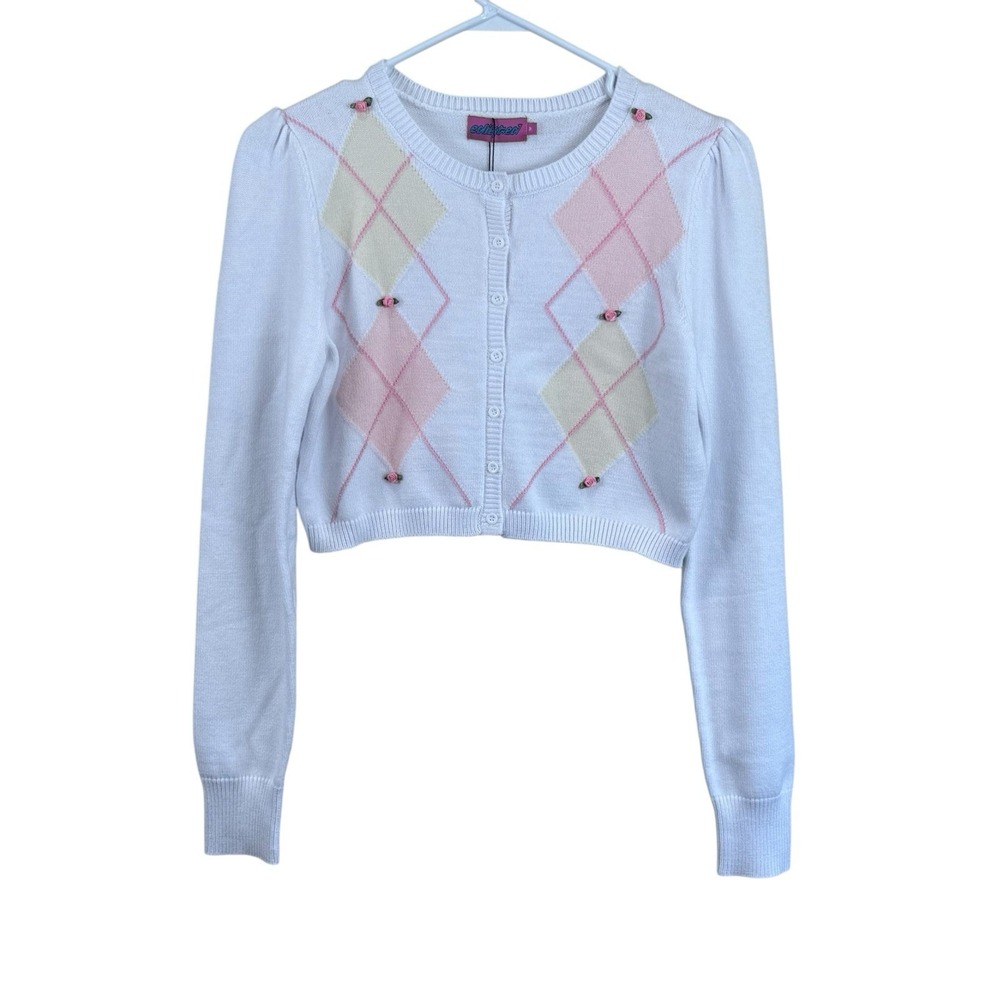 Edikted Womens Cardigan‎ Sweater Rosette Argyle Dainty Long Sleeve  NWT